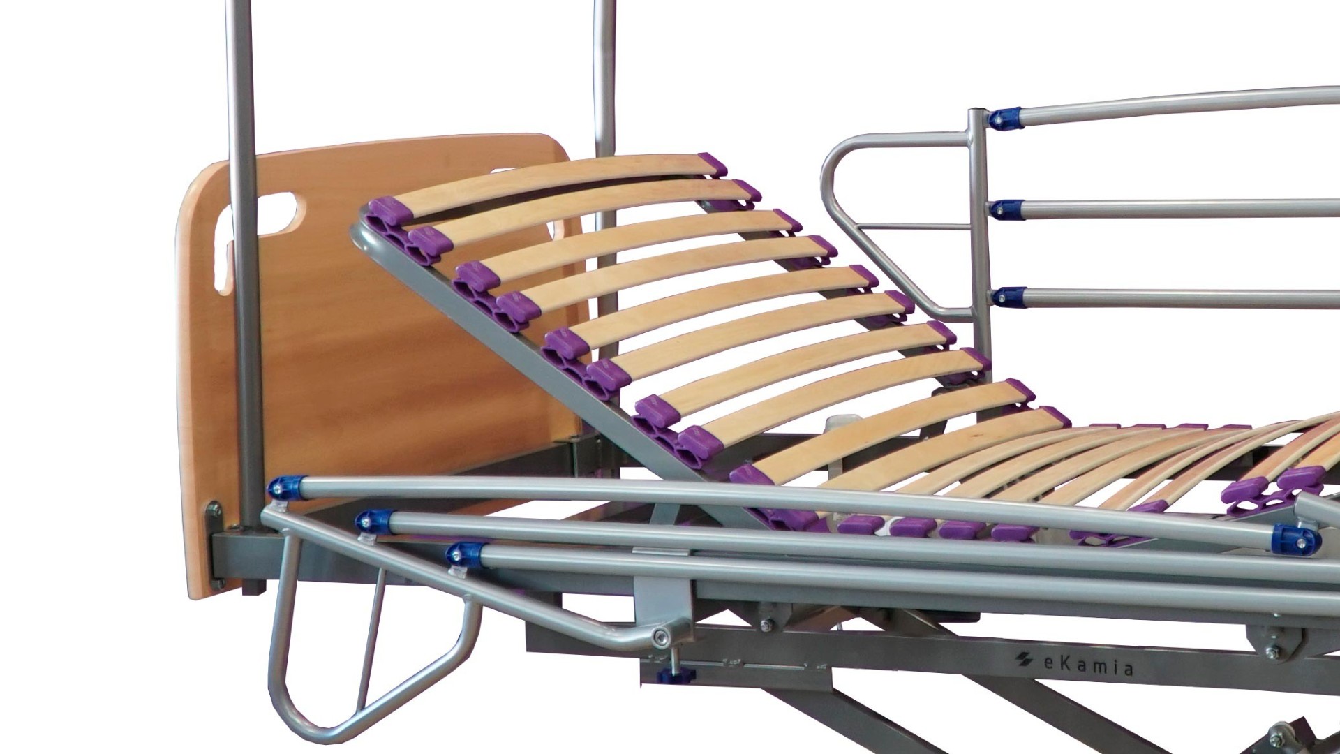 Cama Geriátrica Eléctrica con Carro Elevador, Cabecero, Piecero, Barandilla, Agarrador y Porta Gotero Detalle 2